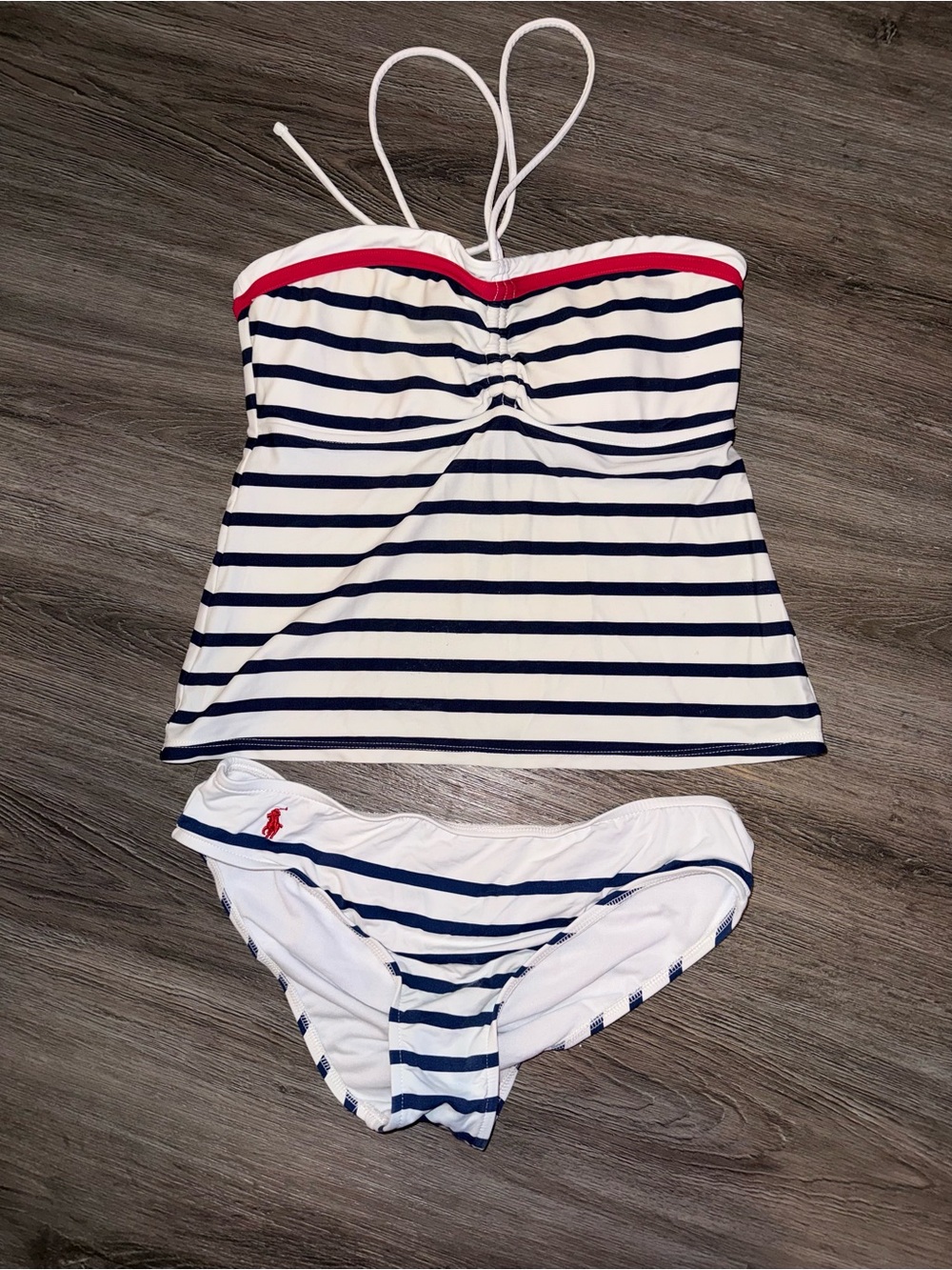 Ralph Lauren Girls Navy and White Striped Tankini with Red Trim